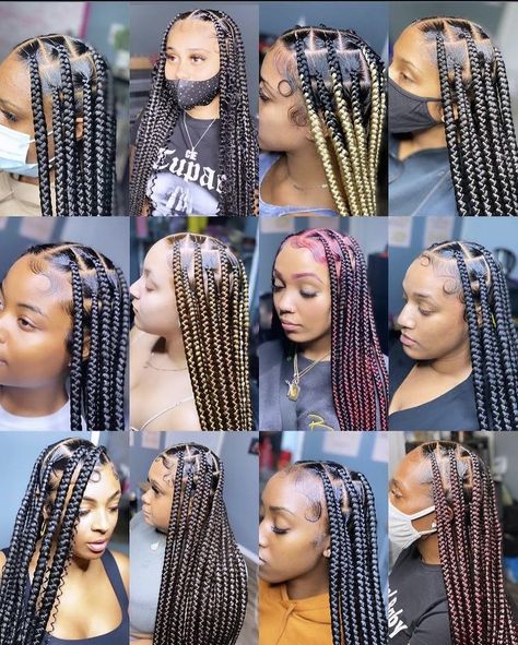 Here’s everything you need to know about knotless braids and all their variants (boho, criss cross, jumbo etc) and why you should only get knotless braids moving forward. Big Knotless Boho Box Braids, Jumbo Colored Knotless Braids, Big Knotless Box Braids With Color, Knotless Braids With Color In The Back, Large Knotless Braids Hairstyles With Color, Jumbo Knotless Braids With Color, Free Part Knotless Braids, Knotless Braids Size Chart, Jumbo Knotless Box Braids With Color