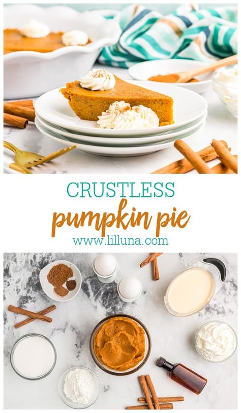 Crustless pumpkin pie is smooth, creamy, and packed with pumpkin flavor. It's so easy to make you won't miss the crust at all!#crustlesspumpkinpie #pumpkinpie #pumpkin #pierecipes #dessert Crustless Pumpkin Pie Easy, Pumkin Pie Recipe, Pumpkin Pie Easy, Crustless Pumpkin Pie Recipe, Pumpkin Spice Waffles, Crustless Pumpkin Pie, Pie Easy, Pumpkin Pasta, Gf Desserts