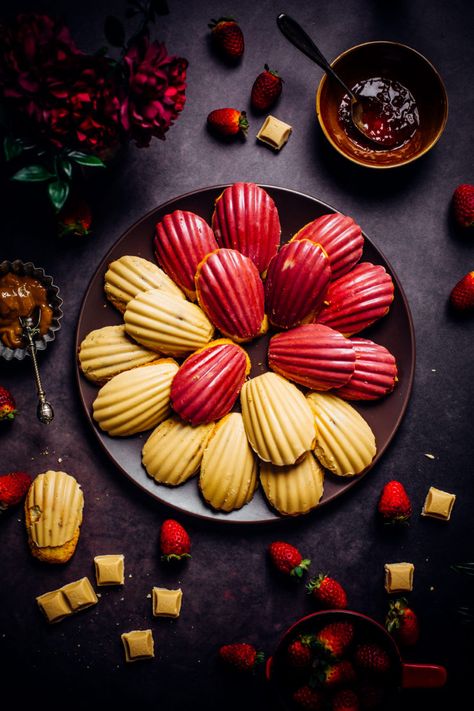 Caramilk and Strawberry Madeleines Strawberry Madeleines, Peanut Butter Loaf, Breakfast Flatbread, Pineapple Curd, Double Chocolate Pancakes, Edible Wreath, Raspberry Tiramisu, Madeleine Rose, Orange Loaf