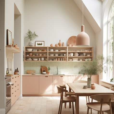 Powder Pink Kitchen, Clay Color Kitchen, Beachfront Apartment, Kitchen Light Fixtures, Peach Kitchen, Natural Kitchen, Kitchen Light, Pink Kitchen, House Architecture Design