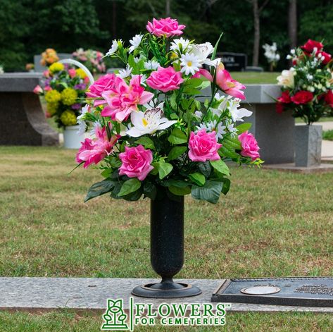 Flowers For Cemetery, Roses And Dahlias, Memorial Vase, Diy Valentines Day Wreath, Artificial Eucalyptus Garland, Red Amaryllis, Cemetery Vases, Grave Flowers, Yellow Wildflowers