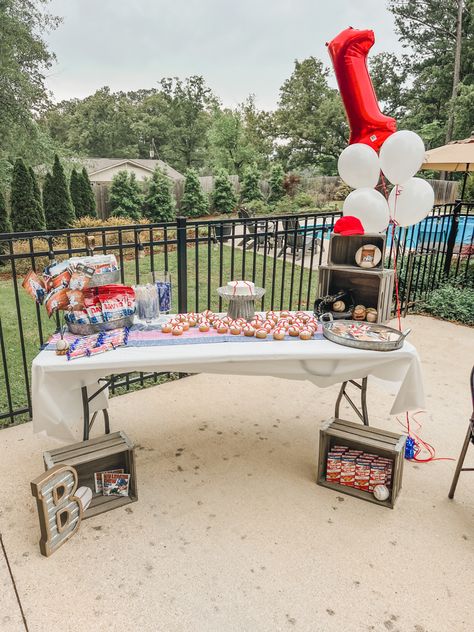 Rookie Of The Year First Birthday Table Decor, Rookie Year Cake, Birthday Decor Table, Baseball Theme Birthday, First Birthday Decor, Baseball Theme Party, One Year Birthday, Cake Table Decorations, Rookie Of The Year