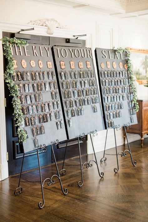 The Key to Your Seat wedding seating chart!! So cute and so different Keys Seating Chart Wedding, Key To Your Seat Wedding, Skeleton Key Wedding Seating Chart, Key Seating Chart Wedding, Key Seating Chart, Wedding Seating Chart Display, Rehearsal Dinner Planning, 2024 Creative, Dinner Planning