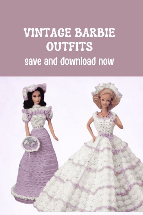 These vintage barbie outfits are super fun crochet patterns to make. Crochet Barbie Jacket Free Pattern, Barbie Crochet Gown Free Pattern, Doll Dress Crochet Pattern Free, Crochet Barbie Patterns Free, Crochet Barbie Doll Clothes Free Pattern, Barbie Dress Patterns Free Printable, Free Barbie Crochet Patterns, Crochet Barbie Clothes Patterns Free, Vintage Barbie Outfits