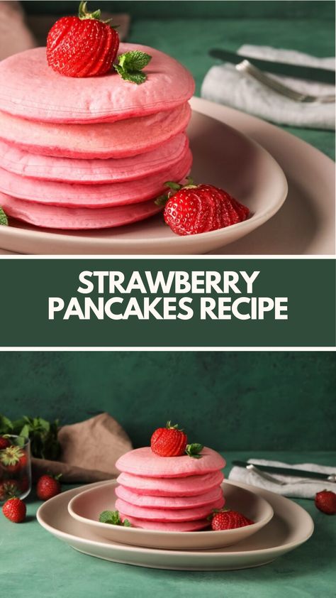 Strawberry Pancakes recipe made of fresh strawberries, flour, milk, eggs, and a hint of vanilla, serves 4, takes about 30 minutes to prepare. These pancakes are vibrant and delicious, making your breakfast a delightful experience. Strawberry Oat Pancakes, Vanilla Pancakes Recipe, Strawberry Breakfast Recipes, Strawberry Pancakes Recipe, Pink Pancakes, Pancakes Aesthetic, Pink Pancake, Vanilla Pancakes, Strawberry Stuff