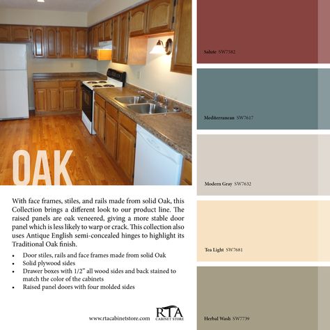 Color palette to go with oak kitchen cabinet line- for those with oak Light Oak Cabinets, Honey Oak Cabinets, Trendy Kitchen Colors, Painting Oak Cabinets, Oak Kitchen Cabinets, Kitchen Wall Colors, White Appliances, Kitchen Colour Schemes, Honey Oak