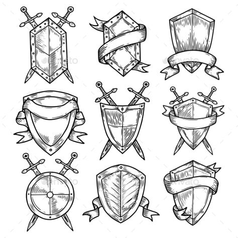 Set of isolated sketches of empty or blank round shields with ribbons and swords. Royal or knight badges, vintage or retro, old or medieval signs. Insurance and defense insignia, heraldry theme Sheild Ideas Art, Shield Drawing, Shield Tattoo, Dnd Character Sheet, Fantasy Map Making, Medieval Tattoo, Fantasy World Map, Karten Design, Fantasy Map