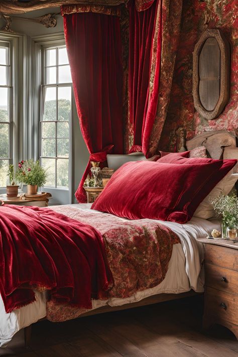 Red Velvet Bedroom, English Cottage Bedroom, Fall Porch Ideas, Red Velvet Curtains, Velvet Bedroom, English Cottage Decor, House Vibes, Cozy Fall Decor, Dark Bedroom