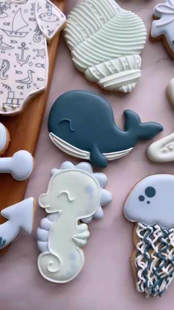 Whale Royal Icing Cookies, Under The Sea Baby Boy Shower Ideas, Nautical Baby Shower Cookies, Whale Cookies Decorated, Sea Creature Baby Shower Ideas, Under The Sea Baby Shower Cookies, Under The Sea Cookies Decorated, Whale Sugar Cookies, Under The Sea Baby Shower Ideas