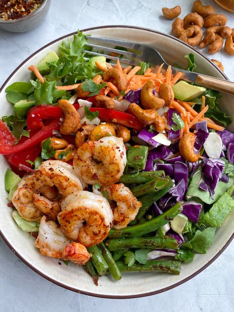 Thai Sesame Shrimp Salad Asian Salad With Shrimp, Asian Shrimp Salad Recipes, Asian Shrimp Salad, Thai Shrimp Salad, Shrimp And Green Beans, Asian Salads, Big Salads, Sesame Shrimp, Mixed Salad