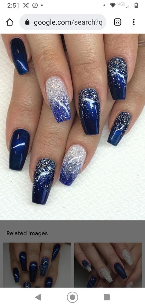 Nails For Going To A Wedding, Nails Blue And Silver Glitter, Navy Blue Dip Powder Nails Design, Dip Powder Nails New Years, Dark Blue Nails For Graduation, Wedding Nails Blue And Silver, Sparkly Nail Art Designs, Dark Blue With Silver Nails, Navy And Silver Nails Prom