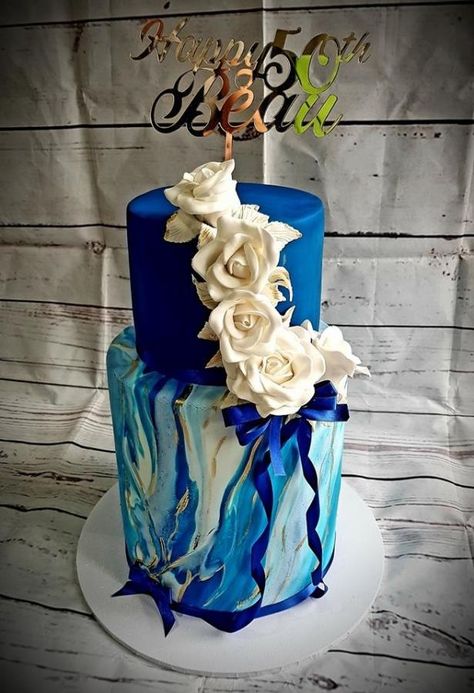 blue marble cake with gold accent, hand made roses Blue And Gold Marble Cake, Blue Marble Cake, Marble Party, Car Cake Tutorial, Cake With Gold, Sparkle Cake, Blue Birthday Cakes, Dream Wedding Cake, Marble Wedding