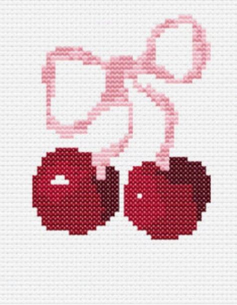 Add a sweet touch to your stitching projects with our adorable Cherry Duo cross stitch pattern. This charming design showcases two plump cherries with a twist—their stems are intertwined with a cute ribbon, adding a whimsical flair to the classic fruit motif. With its compact size and simple yet delightful design, this pattern is perfect for stitchers of all levels. Whether you're stitching for relaxation or to add a pop of charm to your space, these cherries are sure to bring a smile. Circular Cross Stitch Border, Cherry Grid Pattern, Cute Easy Cross Stitch Patterns, Cross Stitch Patterns Crochet, Cherry Cross Stitch Pattern, Cross Stitch Patterns Grid, Cross Stitch Clothing, How To Do Tapestry Crochet, Little Cross Stitch Patterns