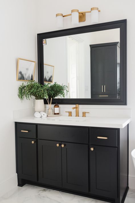 Black Bathroom Cabinet, Bathroom Cabinet Black, Onyx Bathroom, Black Bathroom Fixtures, Black Cabinets Bathroom, Chicago Condo, Kendall Charcoal, Black Vanity Bathroom, Home Bunch