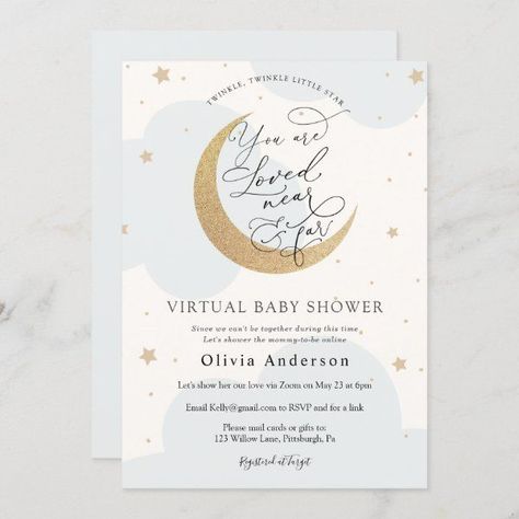 Virtual Baby Shower Blue Twinkle Star and Moon Invitation Baby Shower By Mail, Shower By Mail, Virtual Baby Shower Invitation, Star Baby Shower Invitations, Blue Baby Shower Invitations, Baby Shower Purple, Moon Baby Shower, Gender Neutral Baby Shower Invitations, Watercolor Baby Shower