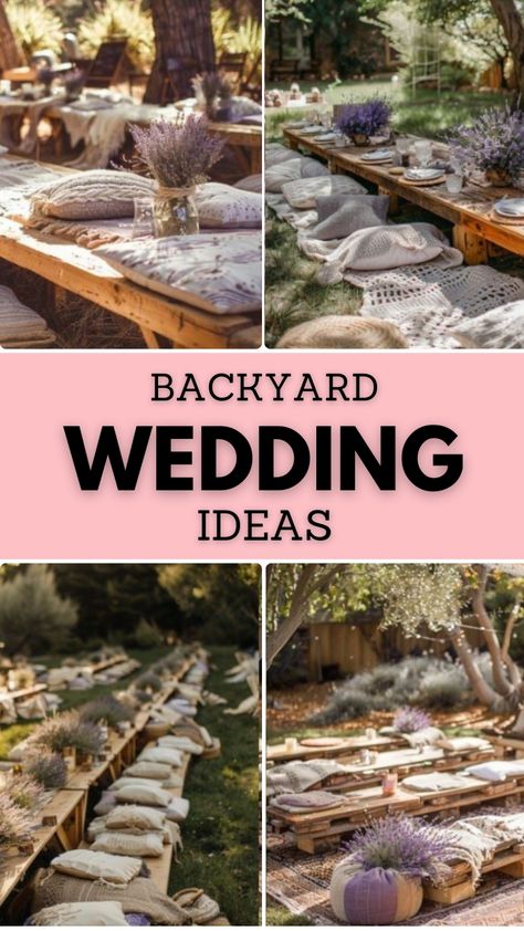 Rustic backyard wedding ceremony with dried floral decorations, including pampas grass and lavender, set under a cozy reception tent. Backyard Wedding Privacy Ideas, Camping Wedding Reception Ideas, Simple Backyard Reception Ideas, Backyard Wedding Tables, Creek Wedding Ideas, Backyard Wedding Party Ideas, Interactive Wedding Ideas Receptions, Backyard Wedding Seating Ideas, Small Backyard Wedding Reception At Home