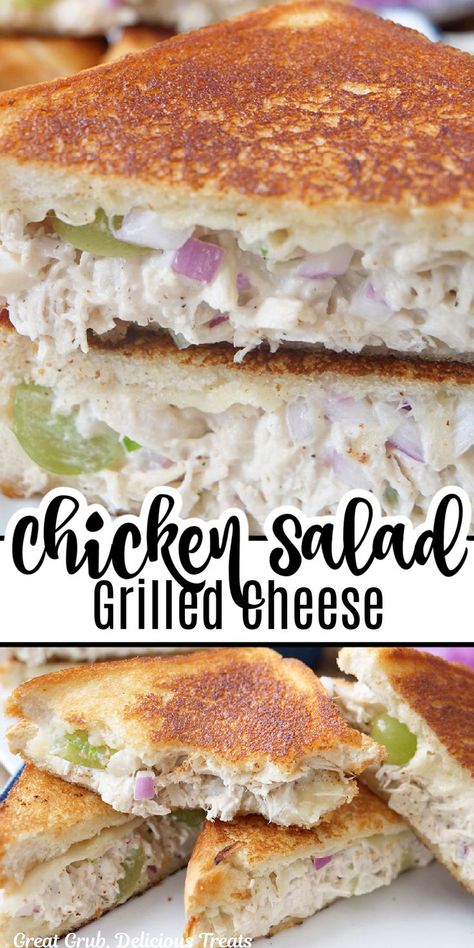 A double collage photo of a grilled cheese sandwich with homemade chicken salad added. Chicken Salad Melt, Salad With Mozzarella Cheese, Grilled Chicken Salad Sandwich, Homemade Chicken Salad, Sandwich Melts, Hot Chicken Salads, Homemade Chicken Salads, Chicken Salad Sandwich Recipe, Rotisserie Chicken Salad