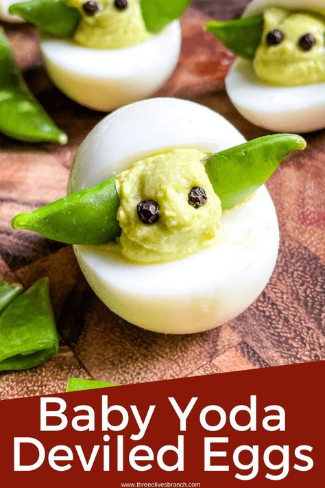 Baby Yoda Deviled Eggs are a fun vegetarian, gluten free, and keto low carb recipe for watching your favorite Star Wars movie or TV. A fun fandom recipe. #starwars #babyyoda #deviledeggs Deviled Eggs With Avocado, Eggs With Avocado, Star Wars Party Food, Avocado Deviled Eggs, Star Wars Food, Vegetarian Gluten Free, Space Food, Green Food Coloring, Fun Foods