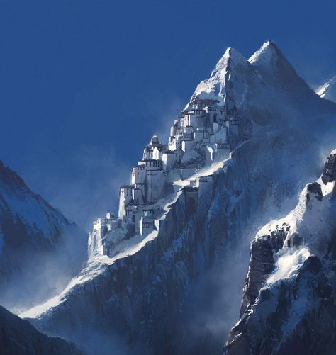 Image Arctic City Fantasy Art, Northern City Fantasy Art, Snow Mountain City Fantasy Art, Mountain Fortress Concept Art, Mountain Fortress Fantasy Art, Northern Kingdom Fantasy Art, Snowy Castle Fantasy Art, Snowy City Fantasy Art, Mountain Monastery Fantasy Art