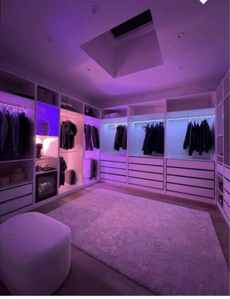 Big Bedroom Led Lights, Diva Room Ideas Woman Cave, Room Aesthetic Purple, Walk In Closet Aesthetic, Dressing Room Aesthetic, Cute Girly Room, Purple Vision Board, Dream Closet Aesthetic, Purple Closet