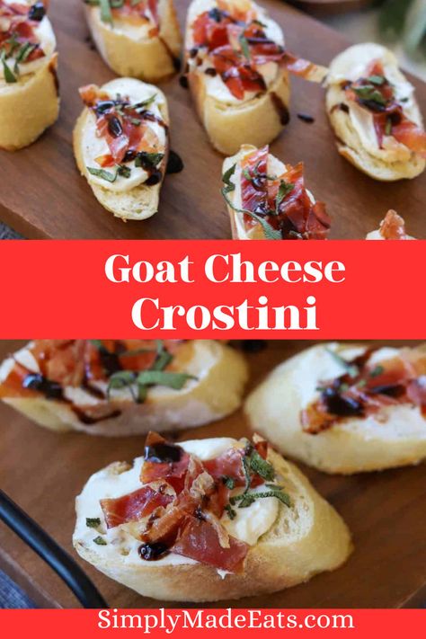 Crostini topped with whipped goat cheese and crispy prosciutto. Appetizer Crostini, Prosciutto Crostini, Prosciutto Appetizer, Quick Appetizer Recipes, Cheese Crostini, Prosciutto Recipes, Best Appetizer, Goat Cheese Crostini, Crostini Appetizers