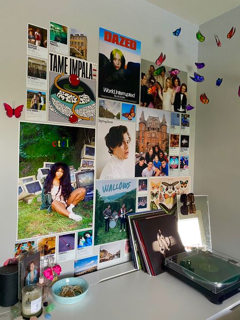 Poster wall in my room. Posters of Harry styles, Billie Eilish, Sza, Wallows, movies, and butterflies Sza Aesthetic Room Decor, Rnb Bedroom Aesthetic, Sza Aesthetic Room, Rnb Room Aesthetic, Music Aesthetic Room, Room References, College Dorm Room Decor, Dorm Room Designs, Apartment Bedroom Decor