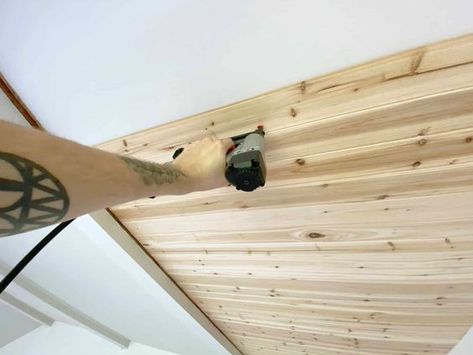 DIY Paneled Ceiling (How to Cover Popcorn Ceilings) - A Beautiful Mess Wood Paneled Ceiling, Attic Living Rooms, Ceiling Planks, Affordable Chandelier, Bedroom Ceilings, White Wash Stain, Covering Popcorn Ceiling, Paneled Ceiling, Shiplap Ceiling