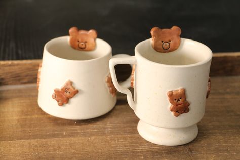 Clay Mugs Handmade, Handmade Mugs Pottery, Ceramic Mugs Handmade, Bear Mugs, Handmade Ceramic Mugs, Real Estate Closing Gifts, Kawaii Bear, Welcome Home Gifts, First Home Gifts