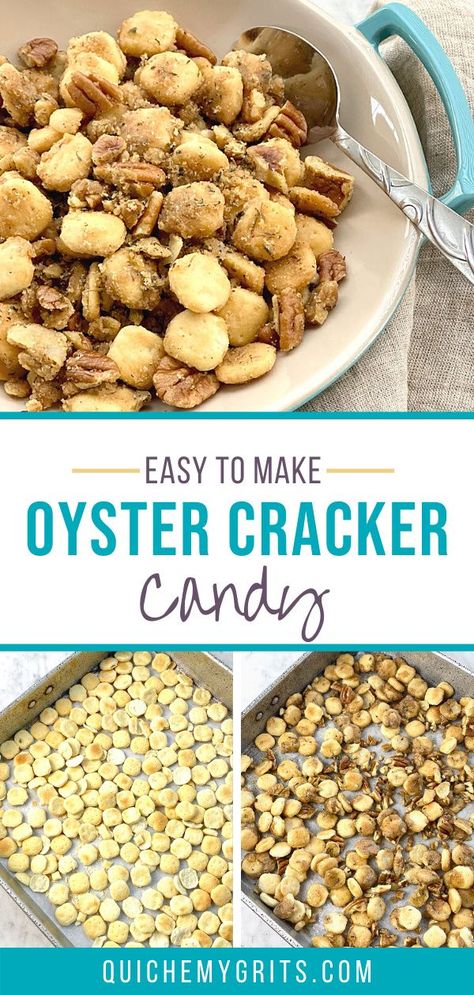 Got a hankering for something sweet, salty, crunchy and savory? Oyster Cracker Candy will satisfy all your cravings. It’s a quick and easy snack for tailgates, holiday events and cocktail parties! | QuicheMyGrits.com Oyster Crackers Sweet, Oyster Cracker, Seasoned Crackers, Cracker Candy, Popcorn Treats, Oyster Crackers, Homemade Dinner Rolls, Party Snack, Cracker Snacks