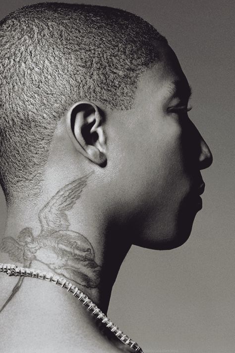 Angel with sword and shield tattoo on Pharrell’s neck Tattoo Meaning, Angel Tattoo, Tattoo Removal, Pharrell Williams, Neck Tattoo, I Hope, Angel, Tattoos