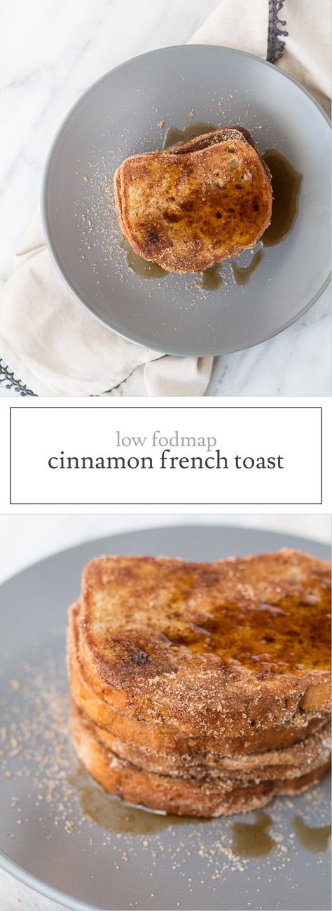 Dusted in cinnamon sugar and topped with maple syrup, this Low FODMAP Cinnamon French Toast is a delicious treat for breakfast or brunch! | funwithoutfodmaps.com | #lowfodmap #glutenfree #breakfastrecipe Diet Recipes Breakfast, Lowfod Map, Breakfast French Toast, Fodmap Meals, Fod Map, Ibs Fodmap, Low Fodmap Recipes Dinner, Fodmap Food, Fodmap Breakfast