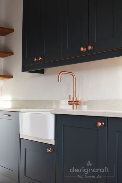 Copper up!  This stunning image features our Pronteau 3 IN 1 hot tap in Urban Copper.  We love how they have matched the cupboard handle colour with the tap and the dark blue units set off the look.  Pronteau 3 IN 1 hot tap range delivers instant steaming hot water so you can ditch the kettle and go for a streamlined look in the kitchen. Dark And Copper Kitchen, Charcoal And Copper Kitchen, Navy Kitchen Copper Handles, Copper Kitchen Tap, Dark Blue And Copper Kitchen, Kitchen Sink And Tap Ideas, Copper Cupboard Handles, Dark Blue Cupboards, Blue Copper Kitchen