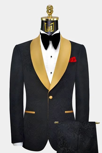 Slim Fit Suits - Fitted Skinny Suits for Men | Gentleman's Guru Black Gold Tuxedo, Black And Gold Tuxedo, Floral Tuxedo, Gold Tuxedo, Tuxedo Prom, Prom Tuxedo, Gold Suit, Slim Fit Suit Men, Suit Pin