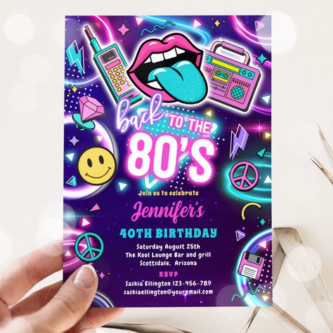 Retro Back To The 80s Neon Disco 40th Birthday Invitation All designs are © PIXEL PERFECTION PARTY LTD Neon Disco, 90s Birthday, 80s Birthday Parties, 30th Birthday Themes, 90th Birthday Invitations, 90s Theme Party, Bachelorette Weekend Invitations, Back To The 80s, 40th Birthday Party Invites