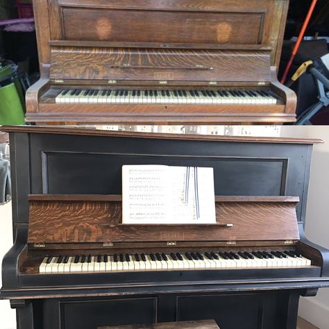 My piano project. Before and after. Refinish A Piano, Update Old Piano, Repainted Piano, Painting A Piano With Chalk Paint, Refinish Piano, Piano Room Design, Piano Painted Black, Beach Farmhouse, Painted Pianos