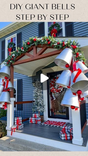 Jessica Cole on Instagram: "Step by Step  DIY Giant Silver Bells  What you need:  Plastic planters (I used 16” and 20” pots) Spade bit (to drill through planters- I used 3/8”) Eye nut with bolt ( same size as your spade bit- you will need one for each pot)  Silver spray paint Plastic ornament (for the inside of bell) String to tie ornament  Ribbon to make bows on top of each bell Rope to hang each bell Zip ties to tie bow to bells  Hook to hang the bells (utility hook screw)   Directions:  1) use the side bit to drill a hole in the center/bottom of each planter 2) spray paint the planter, inside and out  3) insert your eye-nut, and add the bolt from the inside of the planter 4) using the string, tie your ornament to the inside of the bolt 5) make your bow, and attach to the top of the plan Giant Bells Christmas Decor, Holiday Bells Decor, Dollar Tree Bells Diy, Silver Bells Christmas Decorating Ideas, Giant Christmas Bells, Diy Christmas Bells Decorations, Spray Paint Plastic, Xmas Bells, Ornament Ribbon