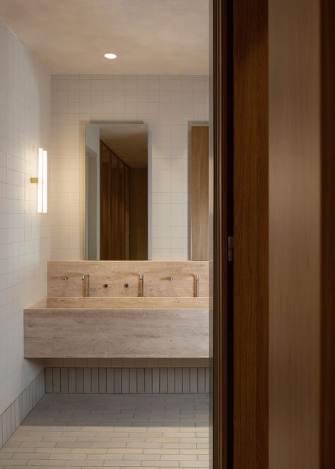 Bathroom Public Design, High End Commercial Restroom Design, Australian Interior, Timber Battens, Australian Interior Design, Public Bathrooms, Interior Design Awards, Long Walls, Brick Tiles