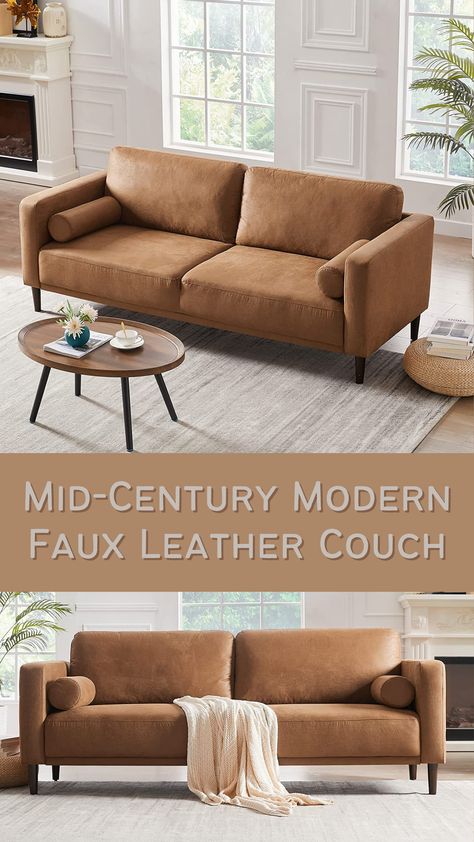 Brown faux leather couch Mid Century Modern Couch, Faux Leather Couch, Office Brown, Couches For Living Room, Living Room Apartment, Apartment Office, Modern Couch, Room Apartment, Leather Couch