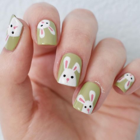 Nail Art by Amber | Cheeky little bunnies for Easter on a green base. I think they’re up to something. . . . . . #nails #nailart #notd #naildesigns… | Instagram Cny Nail Art Design 2023 Rabbit, Bunny Ear Nail Art, Rabbit Nails Design, Bunny Nail Art Rabbit, Rabbit Nails, Cute Rabbit Nail Art, Character Nails, Green Rabbit, Bunny Nails