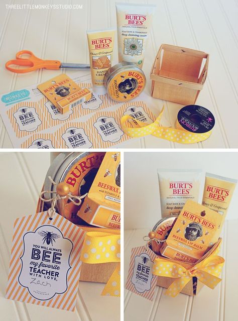 Burt Bee's honey products Bee Gifts Diy, Bee Gift Basket, Bee Teacher Gifts, Honey Gift Basket, Teacher Appreciation Gift Ideas, Appreciation Gift Ideas, Honey Products, Class Gifts, Berry Basket