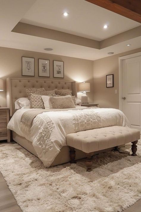 Cream Colour Room Bedrooms, Beige Colour Bedroom Ideas, Biege Colour Walls Bedroom, Cuartos Color Beige, Biege White Bedding, Room Organization Bedroom, Classy Bedroom, First Apartment Decorating, Bedroom Decor Cozy