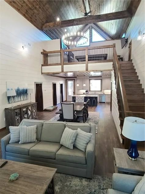 Living Quarters Above Garage, Open Concept Loft House, Shop Living Quarters Interior, Small Barndominium Living Room, Barndominium Ideas Loft, Barndo Floor Plans With Loft, Barndominium Loft Over Kitchen, Shop House With Loft, Loft Above Kitchen Barndominium