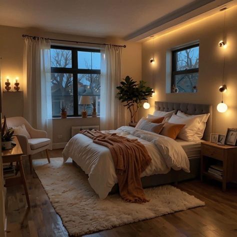 Cozy Interior Lighting, Soft Lights In Bedroom, Apartment Bedroom Decor For Couples Cozy, Simple Comfy Bedroom Ideas, Soft Lighting Apartment, Low Lighting Bedroom, Cozy Bedroom Couple, Warm Lights Living Room, Basement Bedroom Lighting Ideas