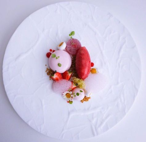 Rhubarb bavarois • oat crumble • strawberry sorbet • rose wine pate a fruit • rose wine foam • #summer #uk #london #pastrychef #chef #pastrybydaniel #stockholm #sweden #michelinstar #michelin #strawberry #wine #foodartchefs #foodie . Professional Desserts, Michelin Dessert, Michelin Star Dessert, Patina Maldives, Refreshing Dessert Recipes, Desserts Restaurant, Michelin Food, Gourmet Food Plating, Fine Dining Desserts