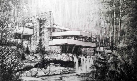 Falling Water House Drawing, Wallpaper Architecture, Sketch Wallpaper, Interior Architecture Sketch, Falling Water House, History Of Architecture, Architecture Artwork, Watercolor House Painting, Interior Architecture Drawing