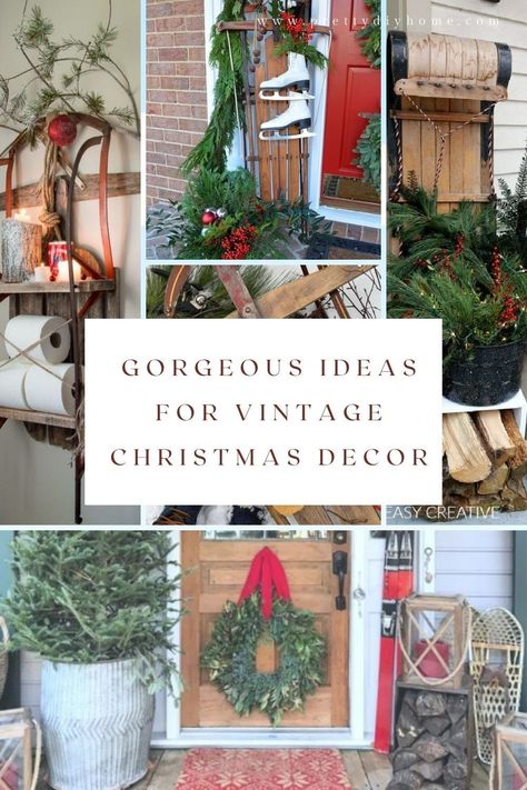 A collection of vintage christmas displays using old toys, including a childs sleigh, and old tobbogan, snow shoes, and wreath with toys. Ski Decorations Christmas, Decorating With Antiques, Nostalgic Christmas Decorations, Vintage Christmas Decor Ideas, Christmas Sled Decoration, Sled Decor, Vintage Skis, Vintage Ice Skating, Christmas Ice Skates