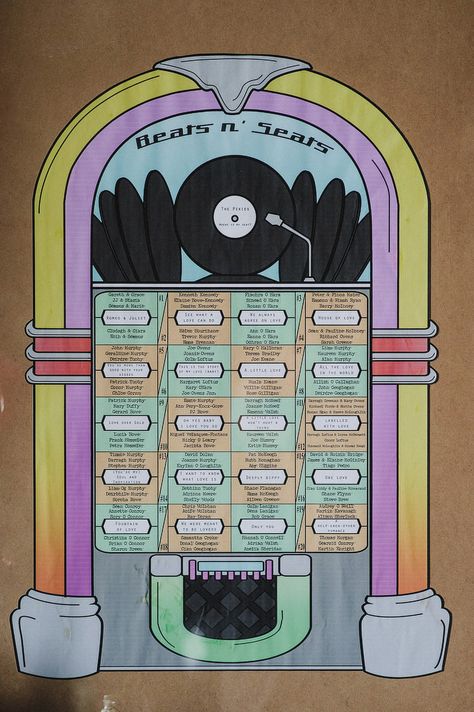 A Juke Box Table Plan | www.onefabday.com Irish Wedding Decorations, Colourful Eclectic, 50s Theme Parties, Wedding In Ireland, Princess Paper Dolls, Retro Bus, Music Themed Wedding, Eclectic Wedding, Juke Box