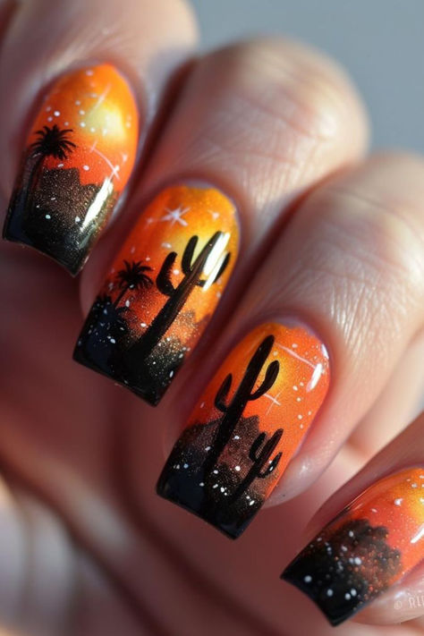 Desert Mirage Nail Design Ideas For July Wine Country Nails, New Mexico Nails Art Designs, Arizona Nail Ideas, Desert Nail Art, Sunset Nail Art, Guy Nails, Desert Nails, Summer Nail Polish Colors, Western Nail Art