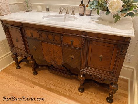 Bathroom Vanity Antique, Vanity Antique, Dresser Vanity Bathroom, Antique Bathroom Vanity, Custom Dresser, Custom Bathroom Vanity, Antique Buffet, Victorian Bathroom, Antique Vanity