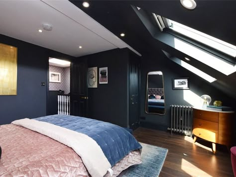 Dark Loft Bedroom, Victorian Terrace Interior Bedroom, Cosy Loft Bedroom, Dark Attic Bedroom, Victorian Terrace Attic Bedroom, Loft Extension Bedroom, Loft Room Victorian Terrace, Victorian Terrace Bedroom Layout, Loft Conversion Bedroom Dormer Juliet Balcony